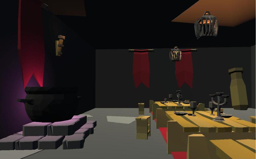 One of Us: a low-poly great hall lit by hanging lanterns beside long wooden tables
